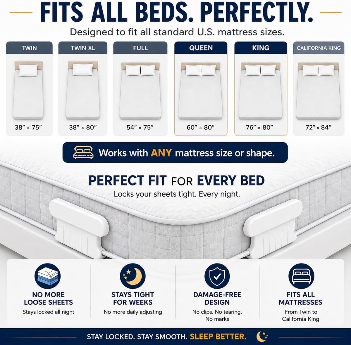 Bed Sheet Holders for Corners 4-Pack Lock Fitted Sheet Holder Set with Sheet Straps & Easy Tucker Tool, Universal Bed Sheet Clips for All Mattress Sizes, Non-Slip ABS, White