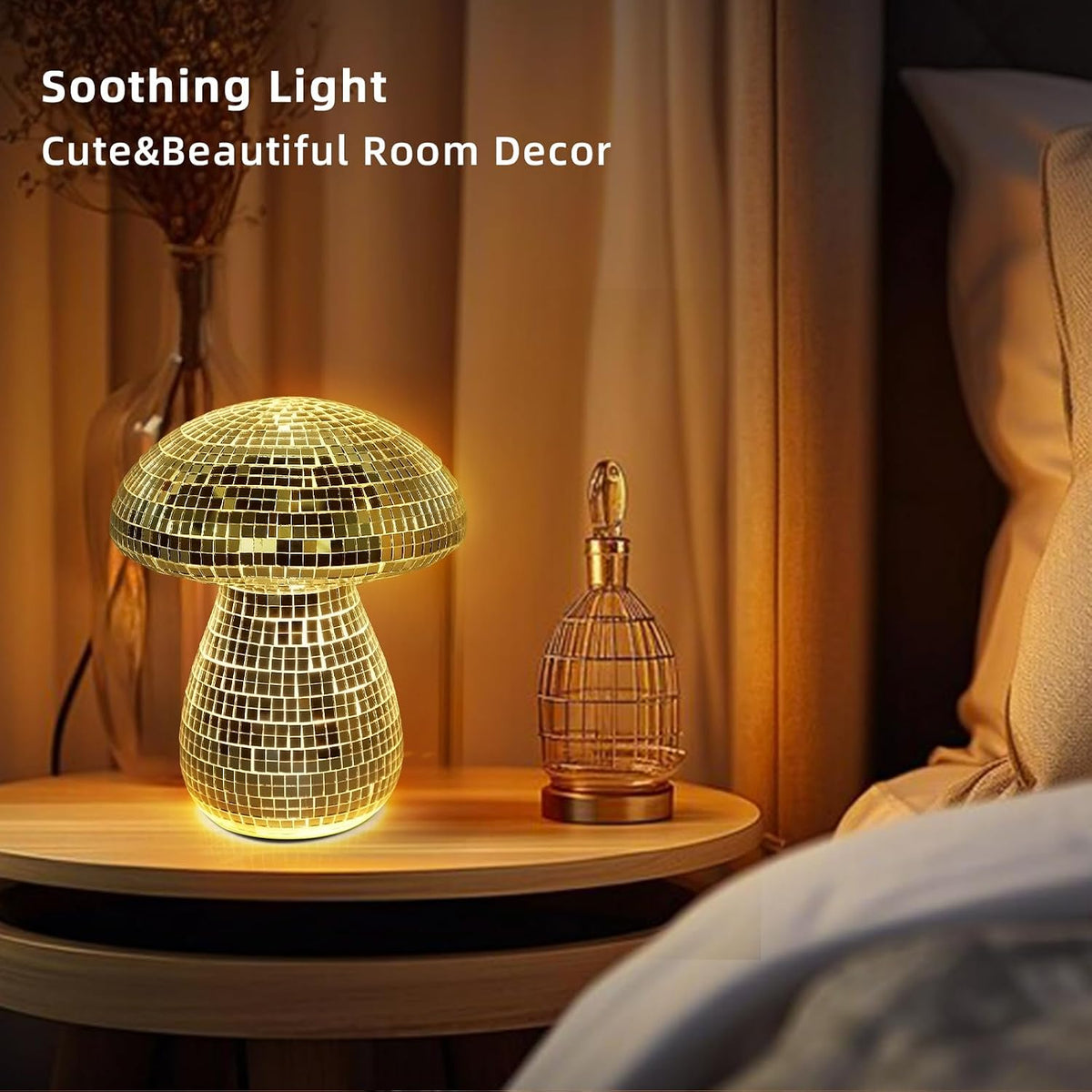 Mushroom Table Lamp Decor Light: Disco Glass Bedside Table Lamp with Rechargeable Cordless Touch - 5 Colors, 2 Mood Lighting - Cute Nightstand Lamp for Ambient, Kids, Bedroom, Living, Girl Gift