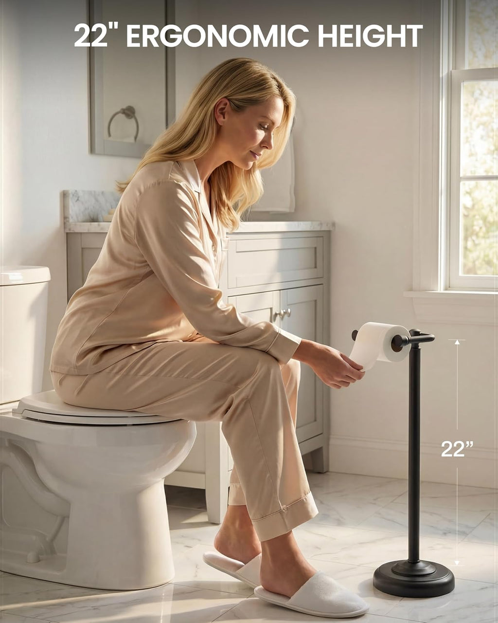 Matte Black Toilet Paper Holder Stand Freestanding, Weighted Base, 22 in