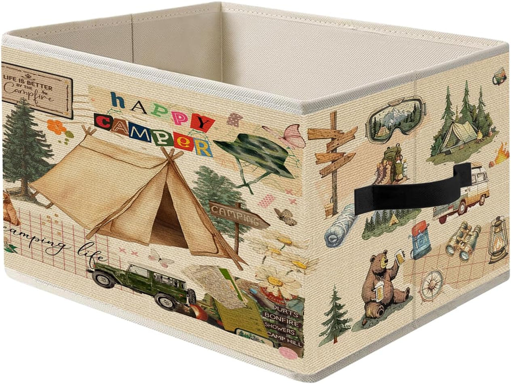 Vintage Camping Storage Bins, Camping Lover Gifts Foldable Closet Organizers Storage Basket Toybox for RV Camper Kids Room Playroom Bedroom Clothes Toys Books