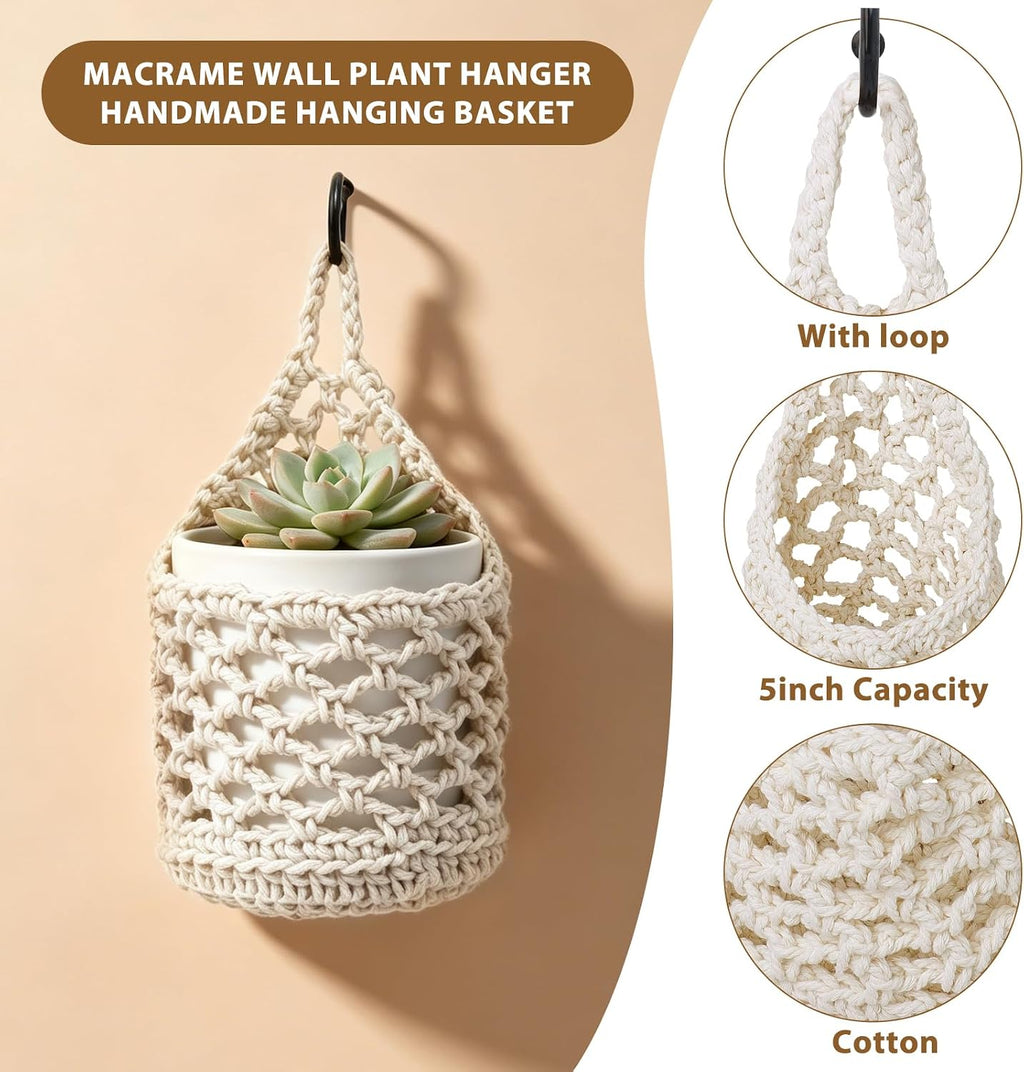 4-Pack 5-Inch Macrame Wall Plant Hangers Fits 4–5" Pots Up to 5" Tall Natural Cotton Hanging Planter Baskets for Indoor Plants, Boho-Style Woven Plant Baskets for Walls White