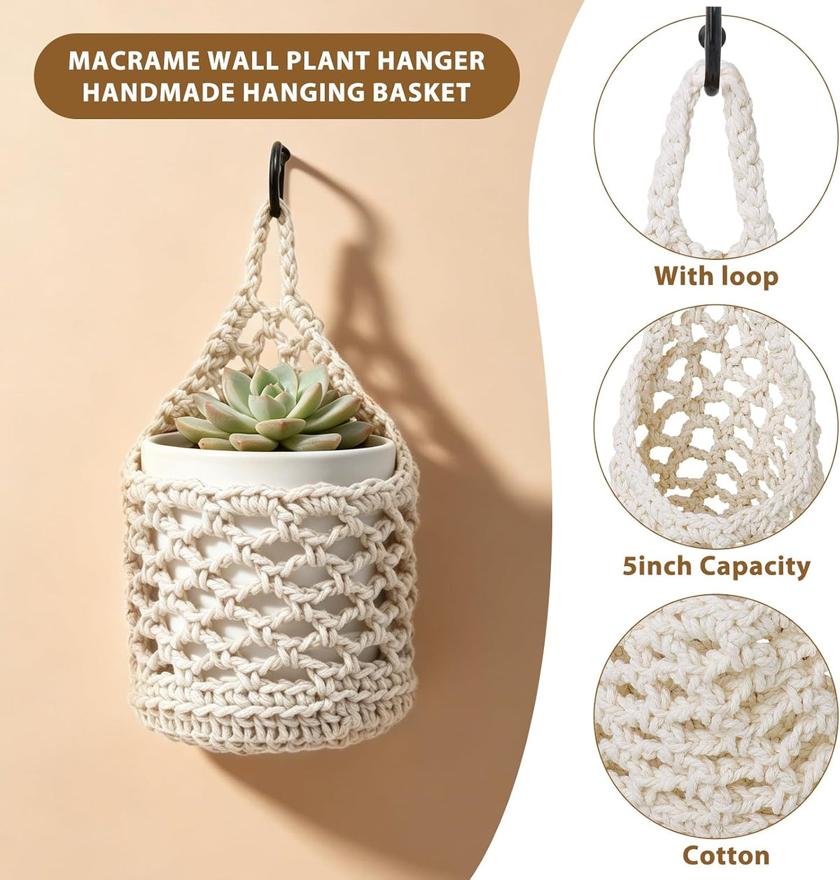 4-Pack 5-Inch Macrame Wall Plant Hangers Fits 4–5" Pots Up to 5" Tall Natural Cotton Hanging Planter Baskets for Indoor Plants, Boho-Style Woven Plant Baskets for Walls White