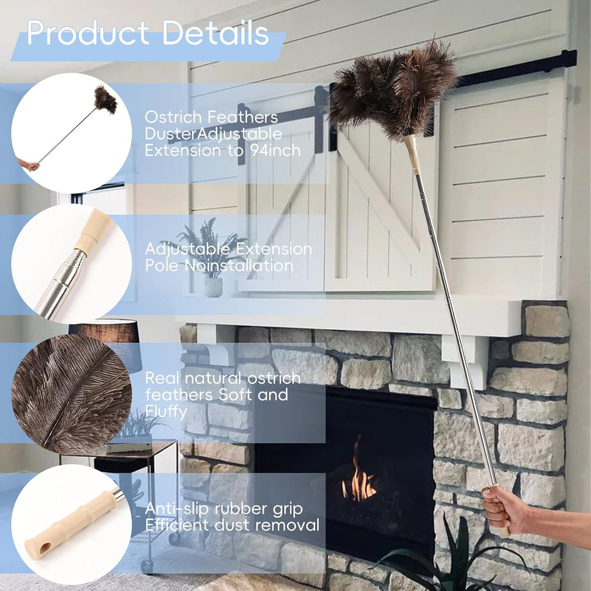 THARAHT Extendable Ostrich Feather Duster up to 27-94 inches Fluffy Feathers Long Handle Reusable for Cleaning Ceiling Fan Pendant lamp High Ceiling Blinds Furniture Feather Duster