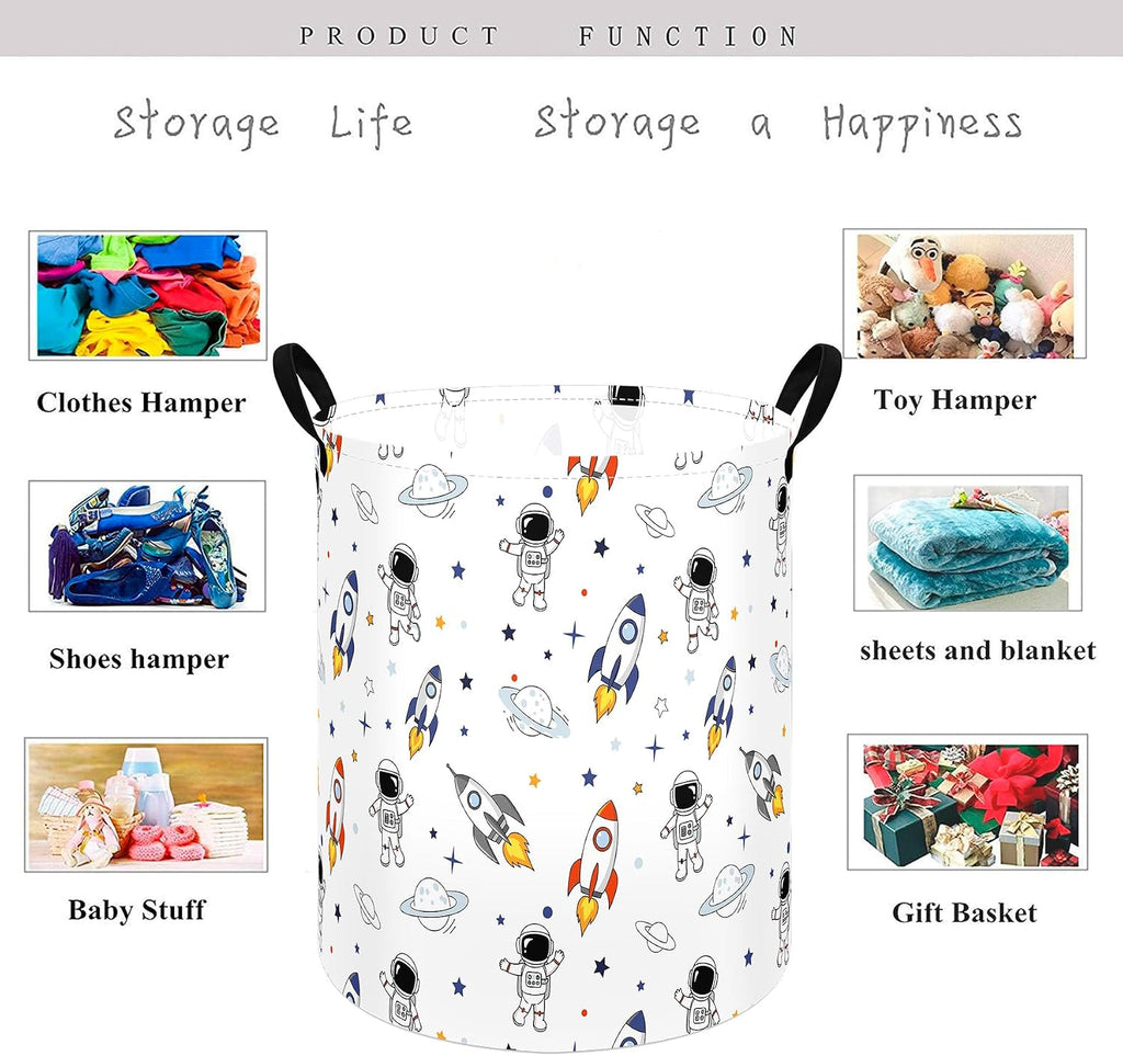 Space Laundry Hamper, Round Storage Basket with Handles, Foldable Cotton Linen Clothes Organizer Bin, Astronaut Rocket Planet Print for Bedroom, Nursery, College Dorm, Toy Storage