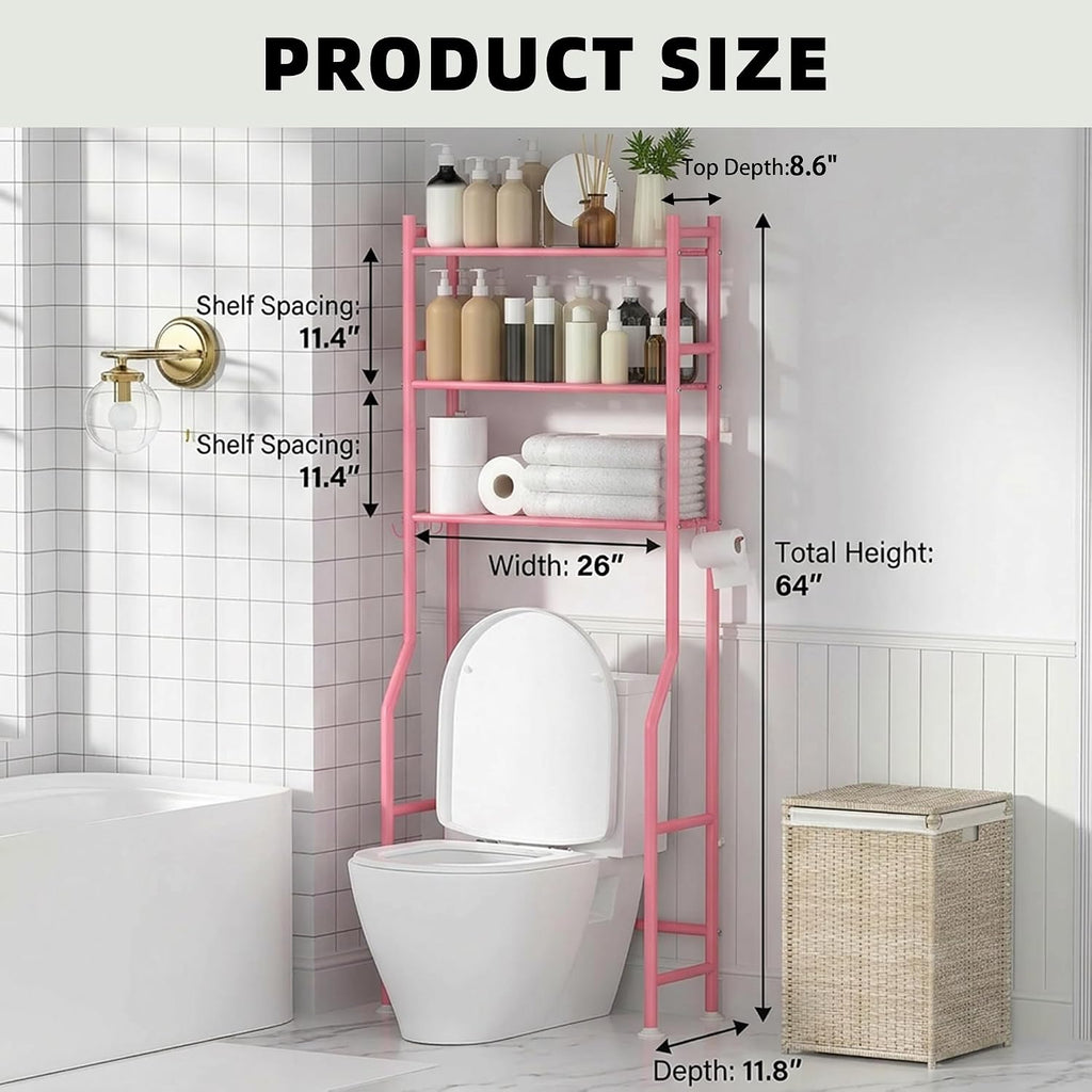 GloTika 3-Tier Over Toilet Storage Cabinet, No Drilling, 64" H, Pink