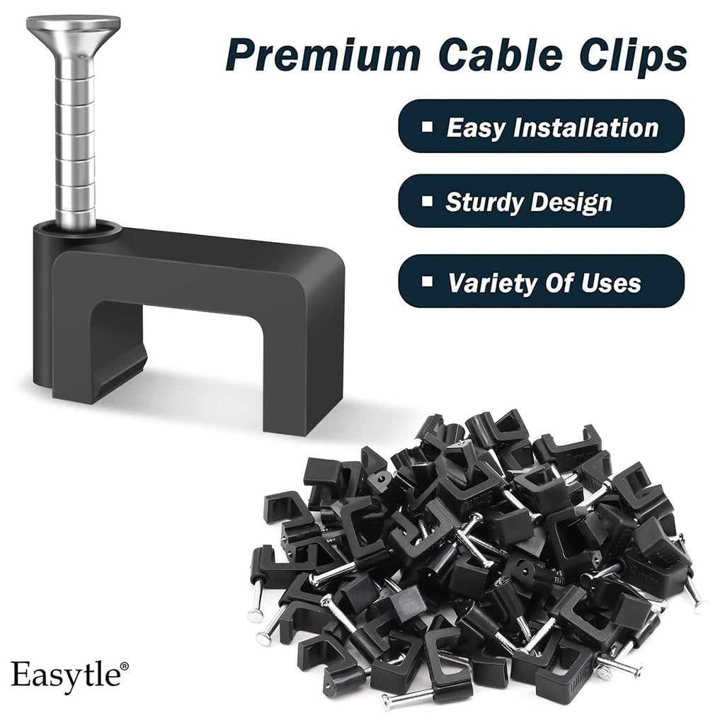 Black Cable Clips Nail in Cable Clip 100 Pcs 8mm Flat Black Ethernet Cable Wall Clips Cable Tacks Coax Clips Speaker Wire Clips Cable Nails for Cords Cat5/Cat5e/Cat6/Cat7 RJ45 Cord Clips