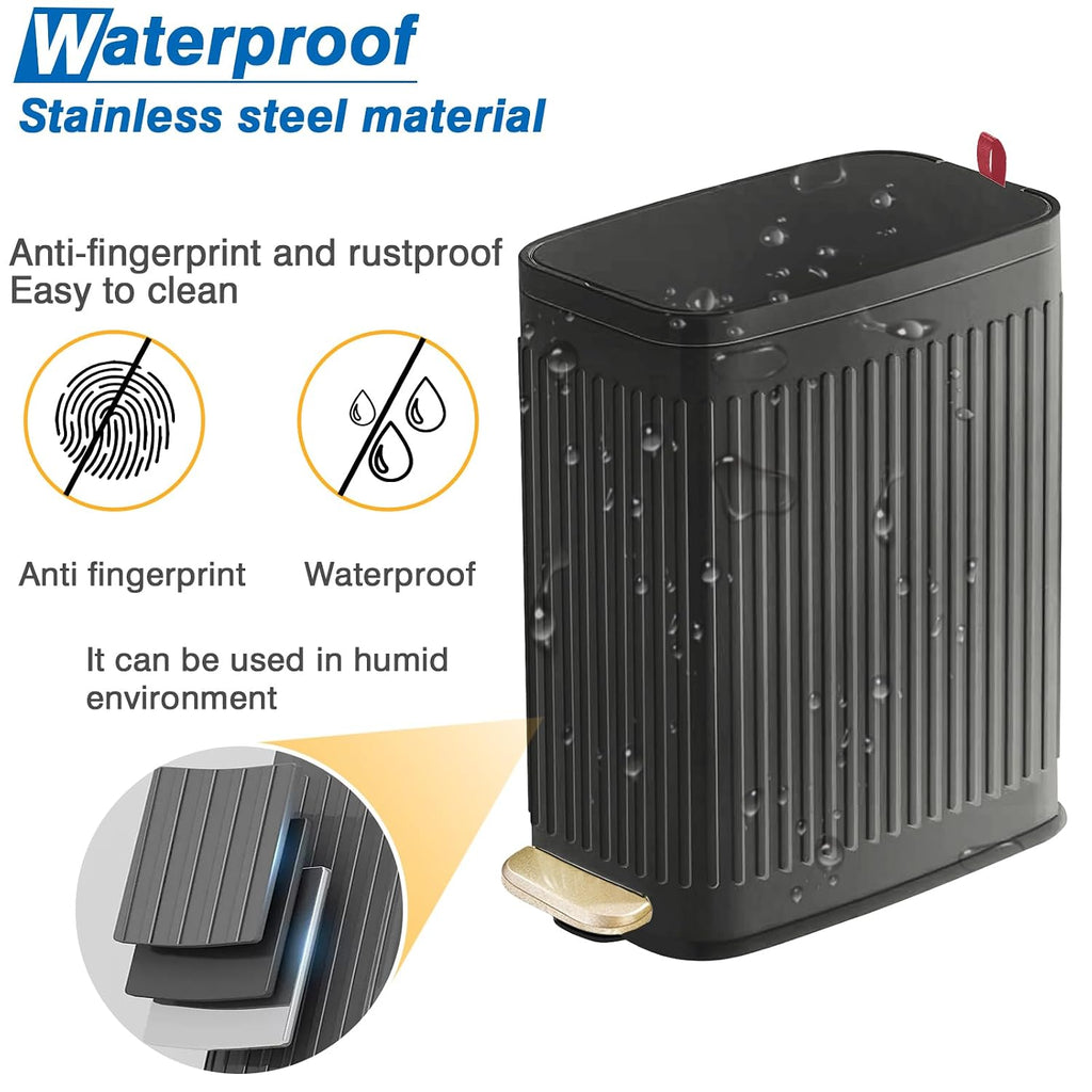 Small Bathroom Trash Can with Air Freshener Soft Close Lid, 6 Liter/ 1.6 Gallon Stainless Steel Garbage Can with Removable Inner Bucket, Step Pedal, Slim Wastebasket for Bedroom, Toilet, Office,Black