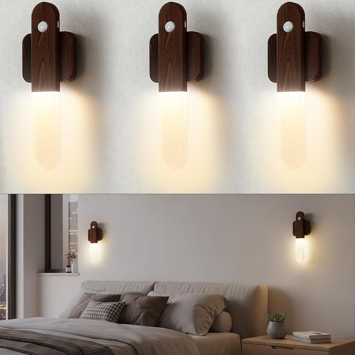 Battery Operated Motion Sensor Wall Sconces Set of 3, Motion Sensor Wall Light Wireless, Magnet Rechargeable LED Lights, Stairs Lights, Decor for Bedroom, Hallway, Living Room, Closet (Walnut Wood)