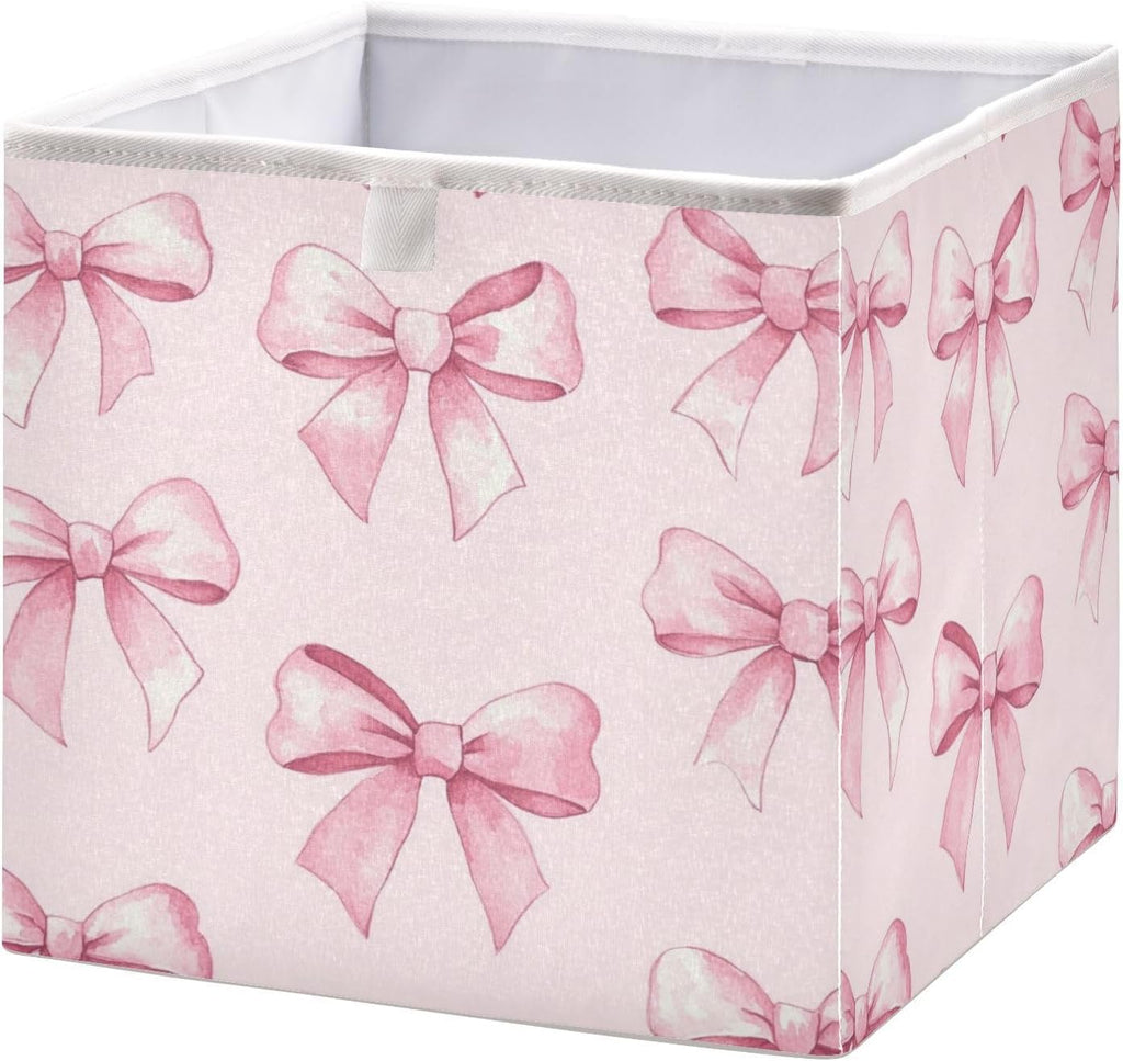 Pink Bows Storage Bins Cube Foldable Storage Baskets Bin Waterproof Home Organizer with Handles Basket for Blanket Clothes