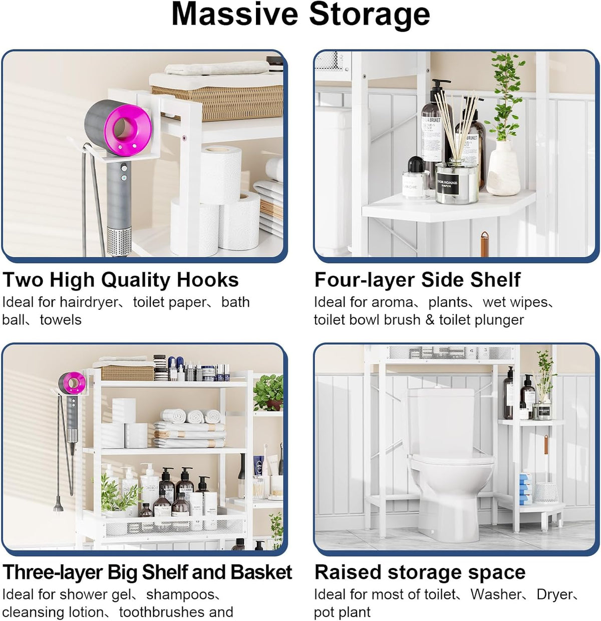 K1 Heavy Duty 7-Tier Over The Toilet Storage（With Basket and Paper Hook）Freestanding Above Toilet Shelf with Adjustable Feet，Space Saver Bathroom Shelves 9.3"D x 33.5"W x 63.8"H，Beige White