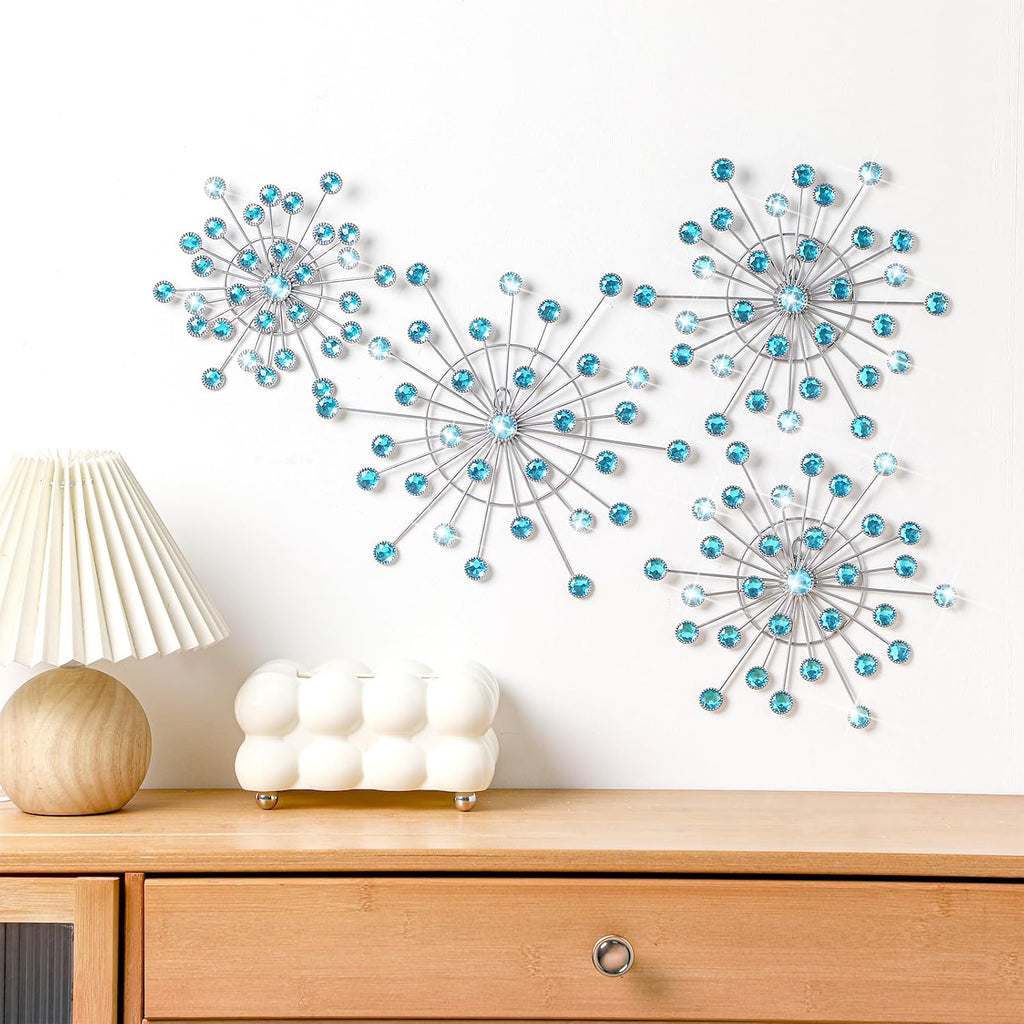 Blulu 4 Pcs Blue Wall Decor, Bling Crystal Starburst Metal Wall Art
