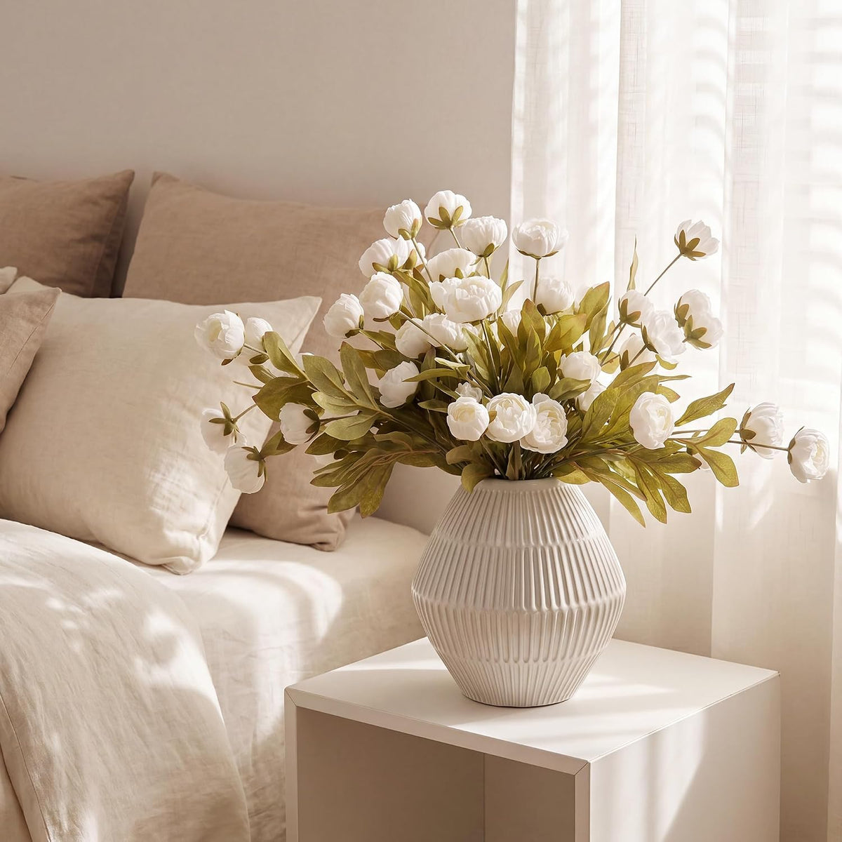 Pinkpum 12 Pcs Faux Silk Peony Artificial Flowers for Vase Decor White