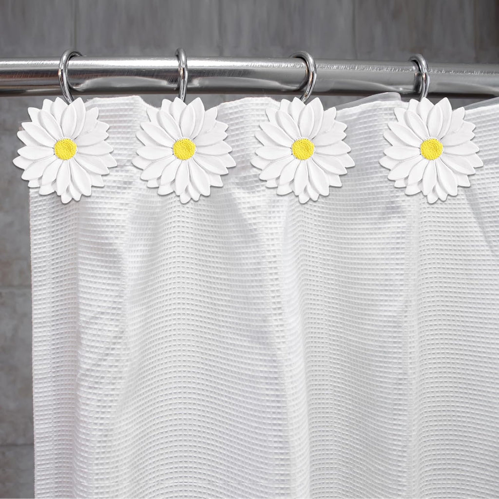 12-Piece White Flowers Daisy Floral Shower Curtain Hooks for Bathroom