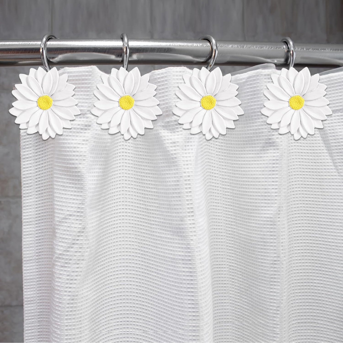 12-Piece White Flowers Daisy Floral Shower Curtain Hooks for Bathroom
