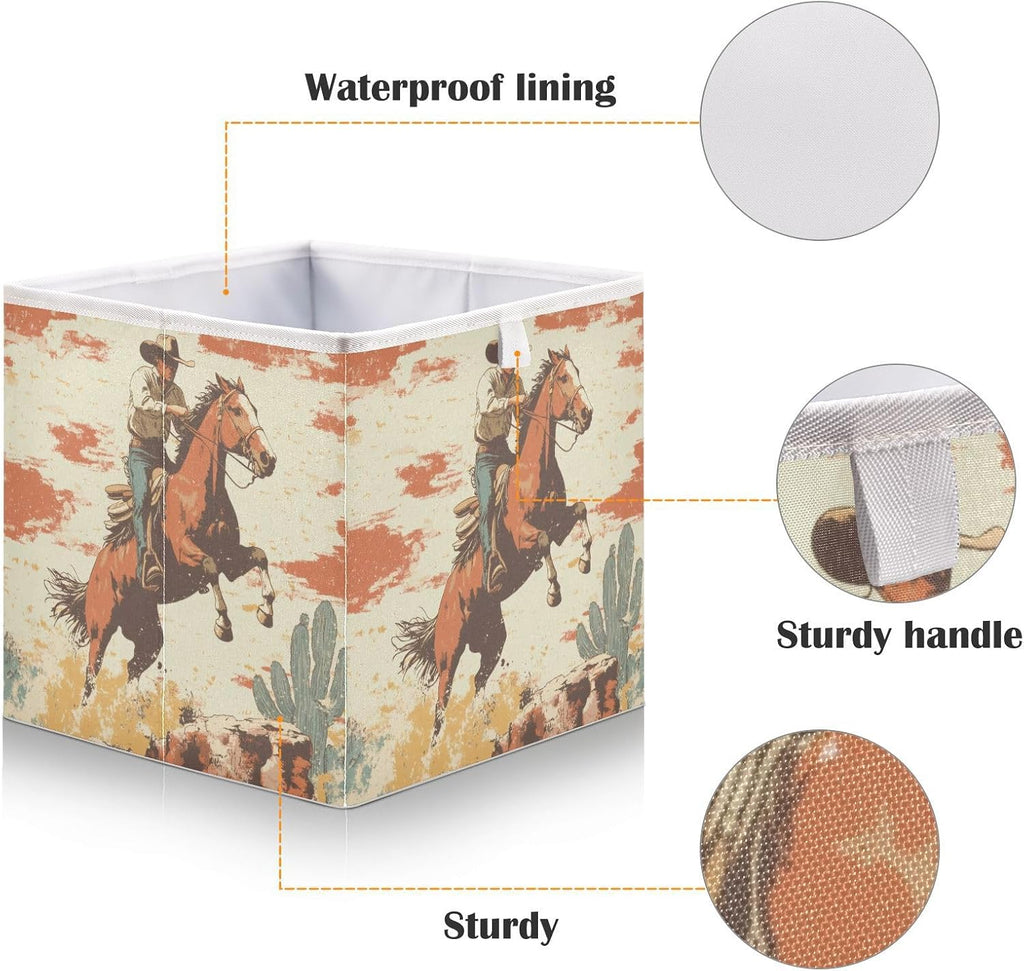 Cowboy Wild West Storage Cubes 11x11 Inch Foldable Fabric Bins with Handle for Storage and Organization, Ideal Storage Bins for Closet Shelves