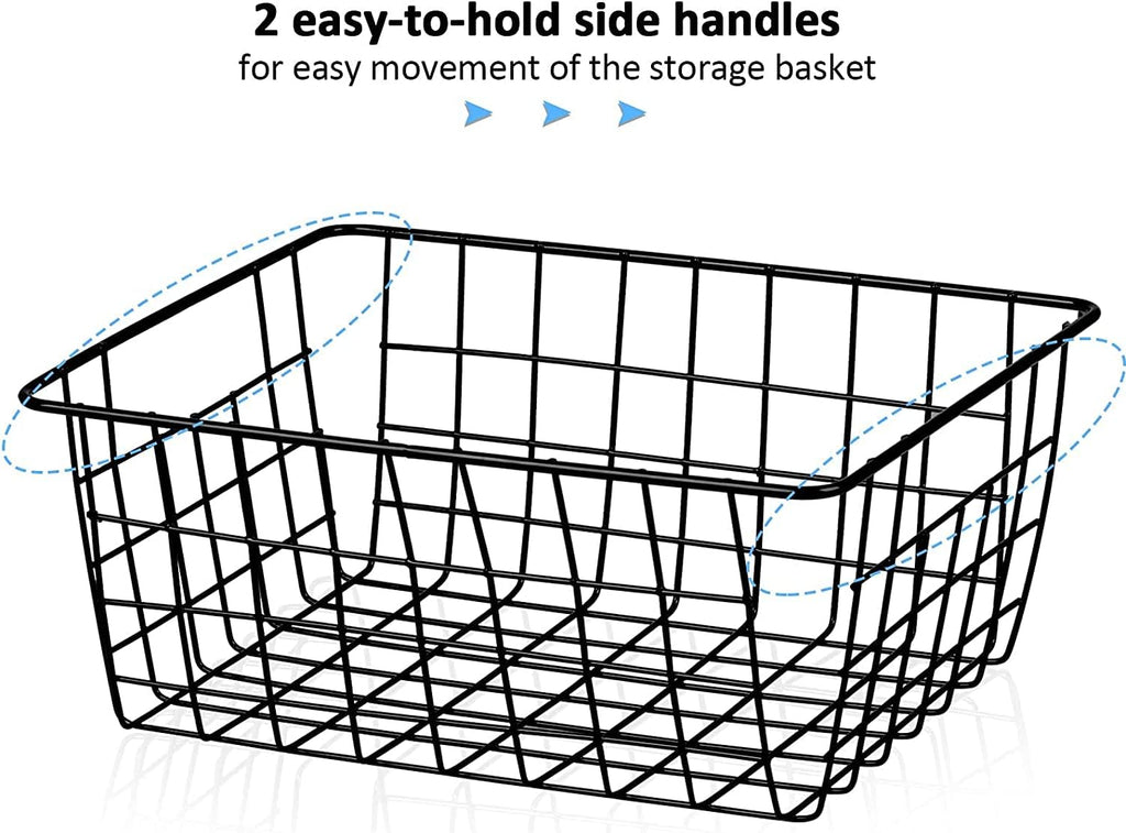 Wire Storage Baskets, Dveda 4 Pack 14.2" x 11.4" x 6.3" Large Metal Wire Storage Baskets, Black Pantry Organizer Baskets with Handles for Cabinets, Pantry Storage, Bathroom, Laundry, Garage