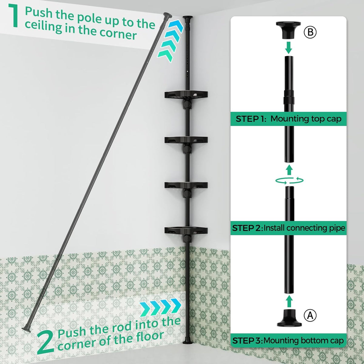 shuang qing 4-Tier Corner Shower Caddy Tension Pole Organizer, Black