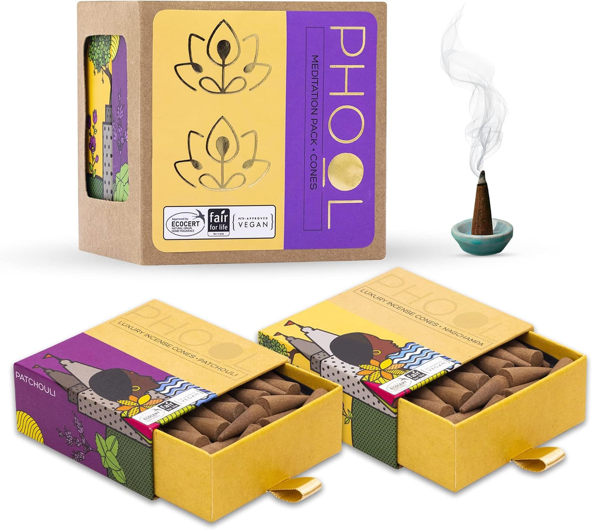 Pack of 2 Natural Incense Cones,Phool Meditation Pack(80 Organic Cones |2 Fragrances:Nagchampa & Patchouli)+1 Free Ceramic Holder |Handrolled |Sulpher & Charcoal Free |100% Organic & Natural 500 GMS
