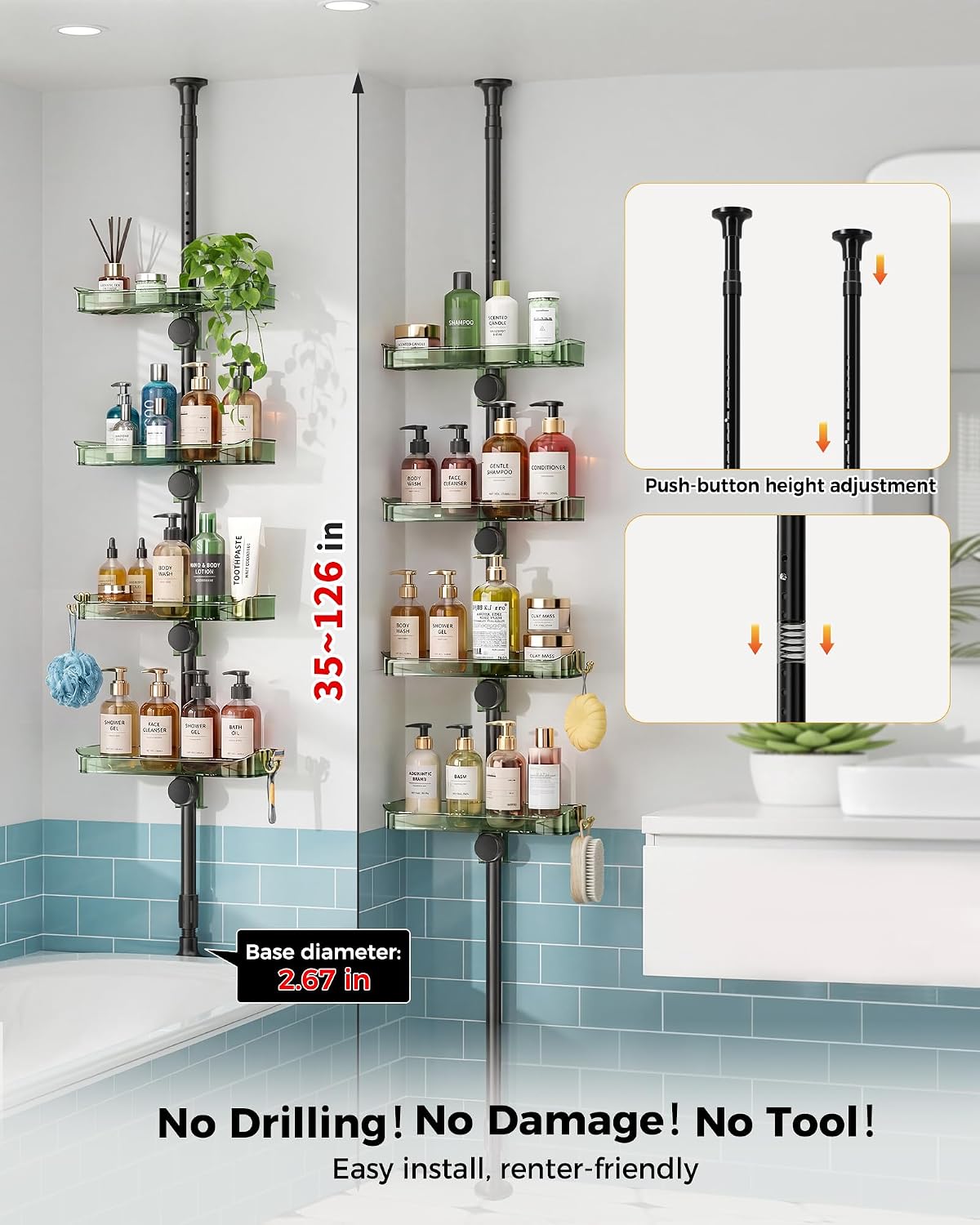Shower Caddy Tension Pole, Bathroom Organizer Shelves, Green