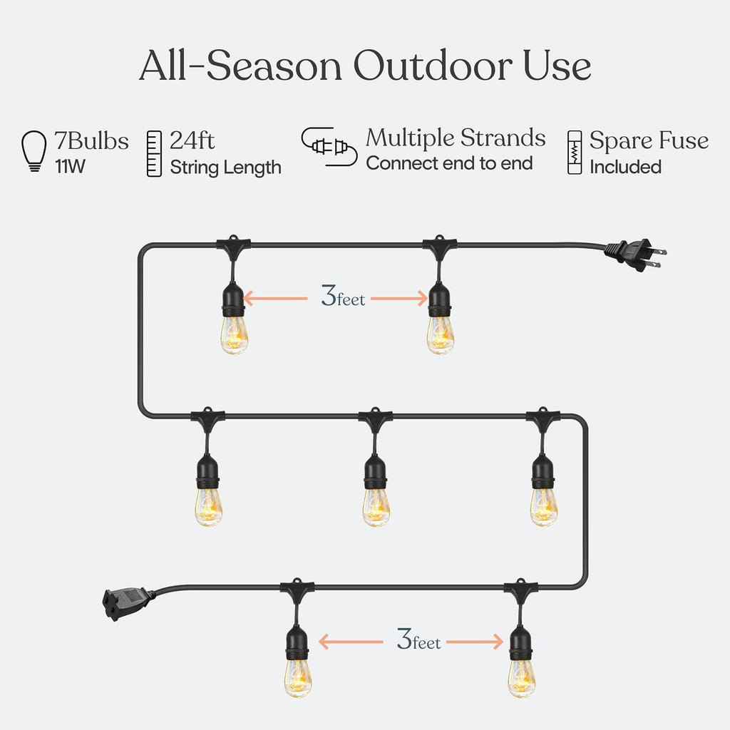 Brightech Ambience Pro Incandescent Outdoor String Lights - Commercial Grade Waterproof Patio Lights with 24 Ft Dimmable Edison Bulbs, Porch String Lights for Patio, Backyard, Christmas - 7 Bulbs 11W