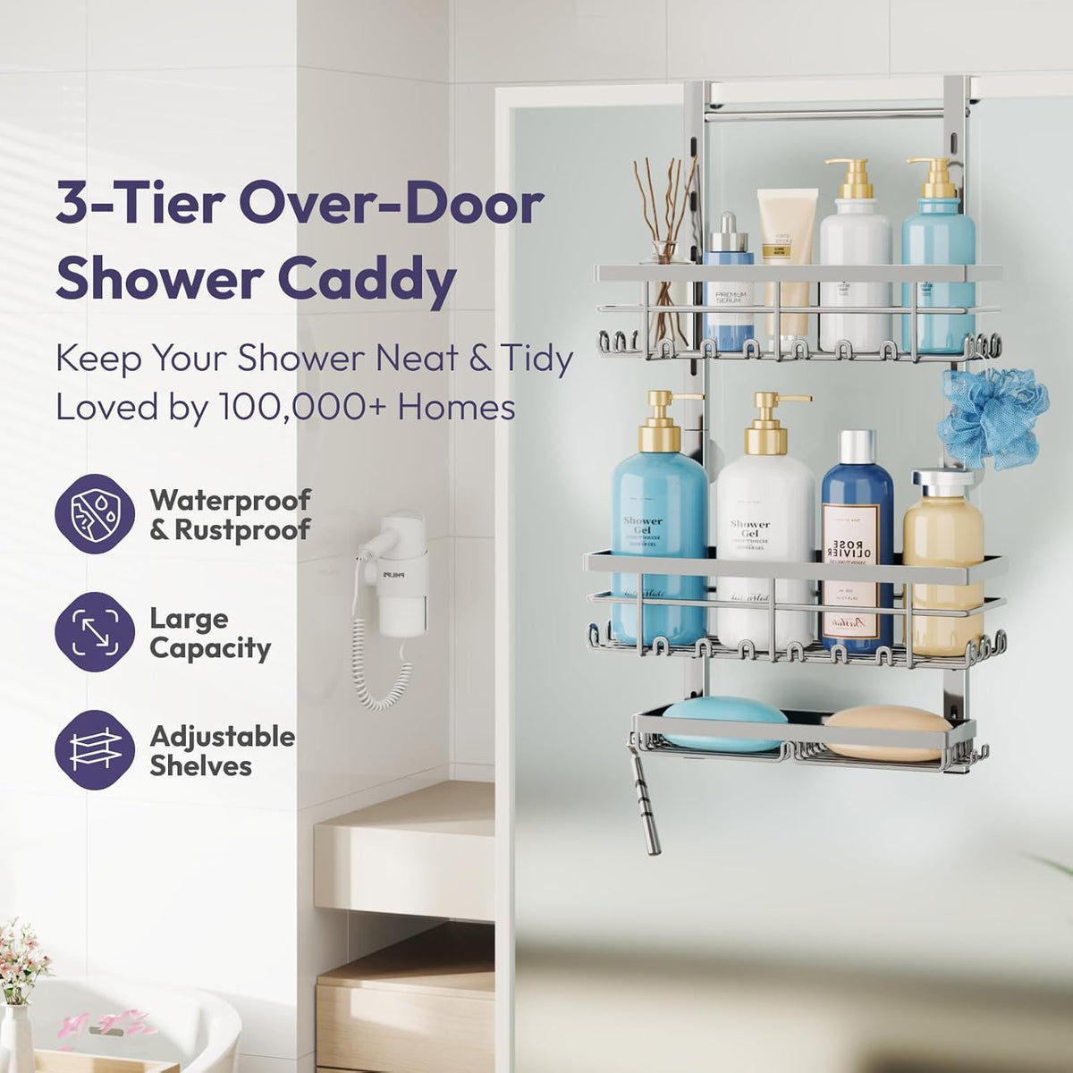 SWTYMIKI Over The Door Shower Caddy - 3 Tier Rustproof Hanging Shower Organizer with Adjustable Shelves, 28 Hooks & Soap Holder, Hanging Shower Rack Storage for Bathroom Accessories, Silver