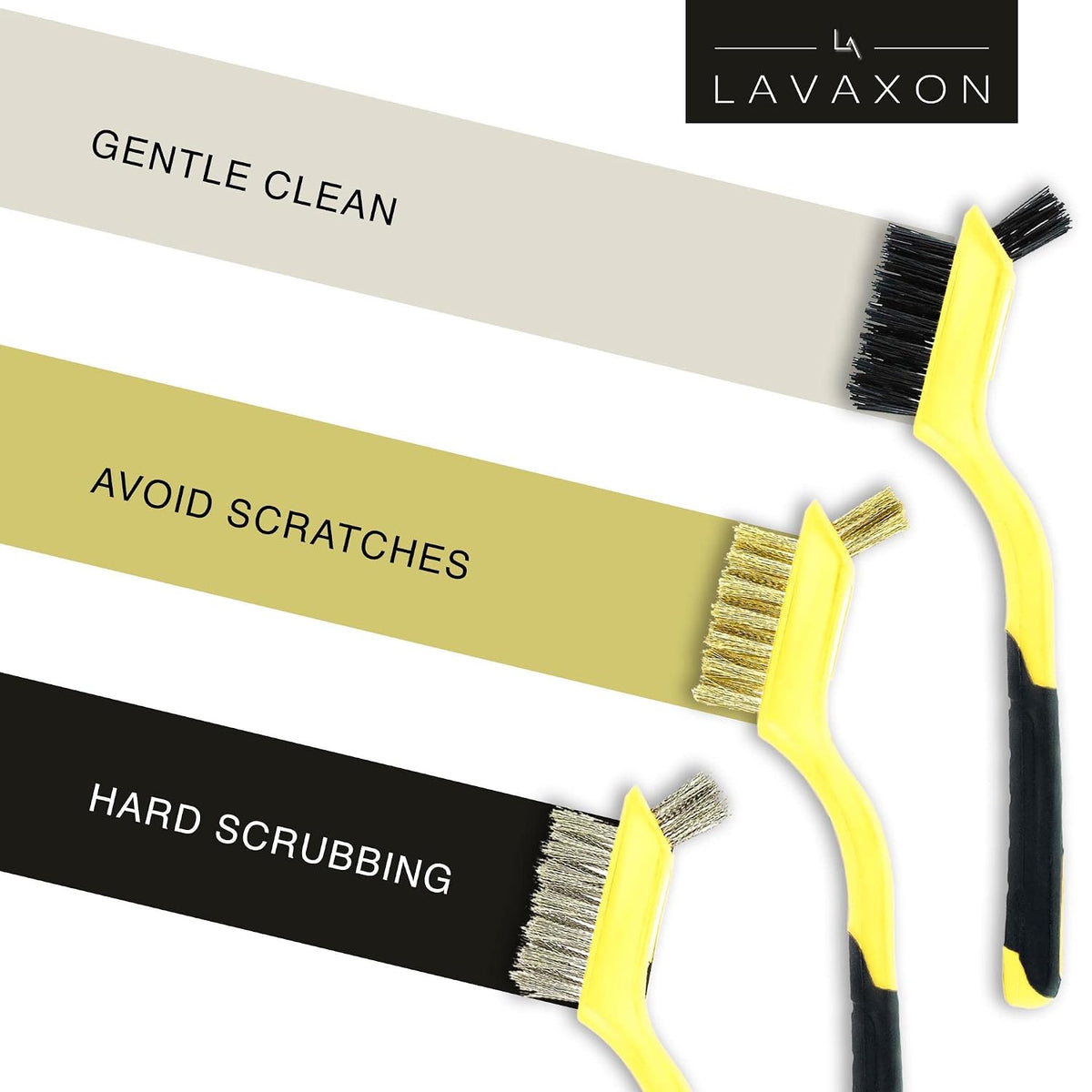 Lavaxon Wire Brush Set 3Pcs - Nylon/Brass/Stainless Steel Bristles with Curved Handle Grip for Rust, Dirt & Paint Scrubbing with Deep Cleaning – 7 Inches (Yellow)