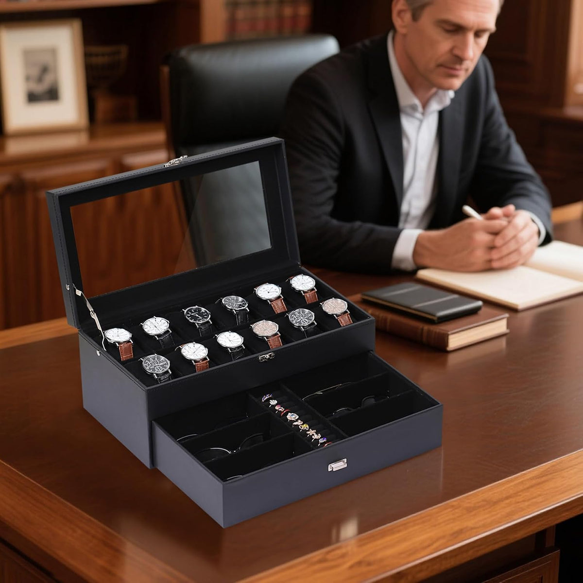 AUTOARK Leather & Velvet Watch Box & Sunglass Organizer,Black,MKAW039