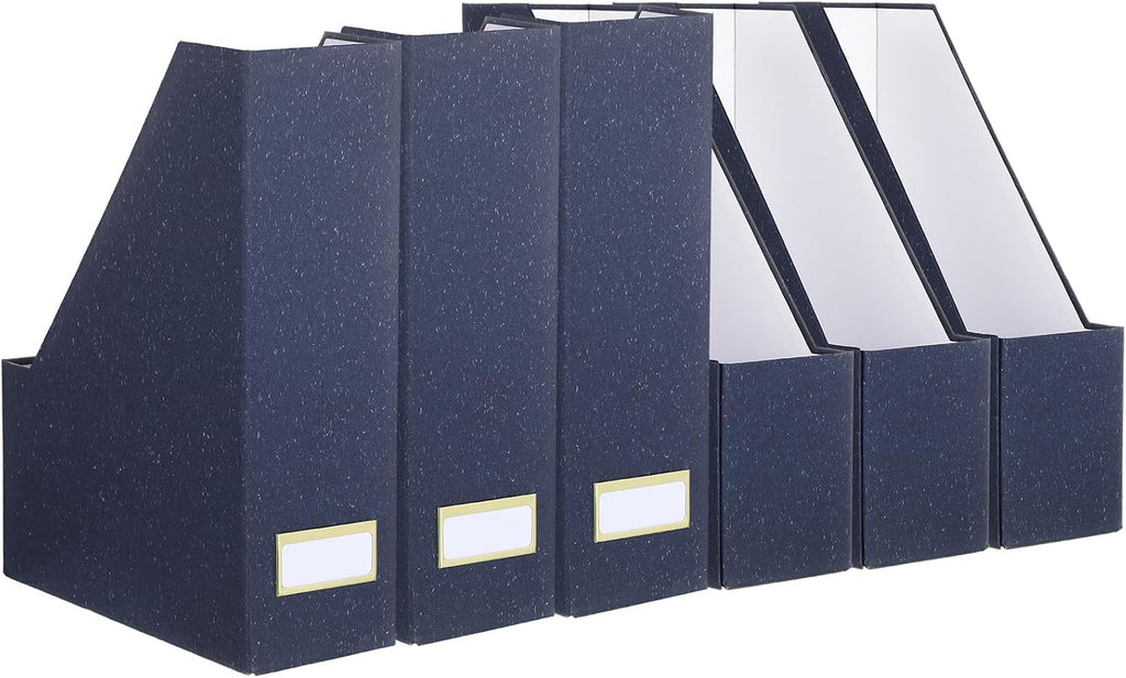 Gueevin Set of 6 Magazine File Holders, Sturdy Cardboard Desk Magazine Organizer with Gold Label Slots, Foldable File Folder Rack for Home Office Classroom Library(Blue)