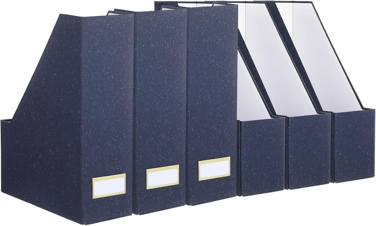 Gueevin Set of 6 Magazine File Holders, Sturdy Cardboard Desk Magazine Organizer with Gold Label Slots, Foldable File Folder Rack for Home Office Classroom Library(Blue)