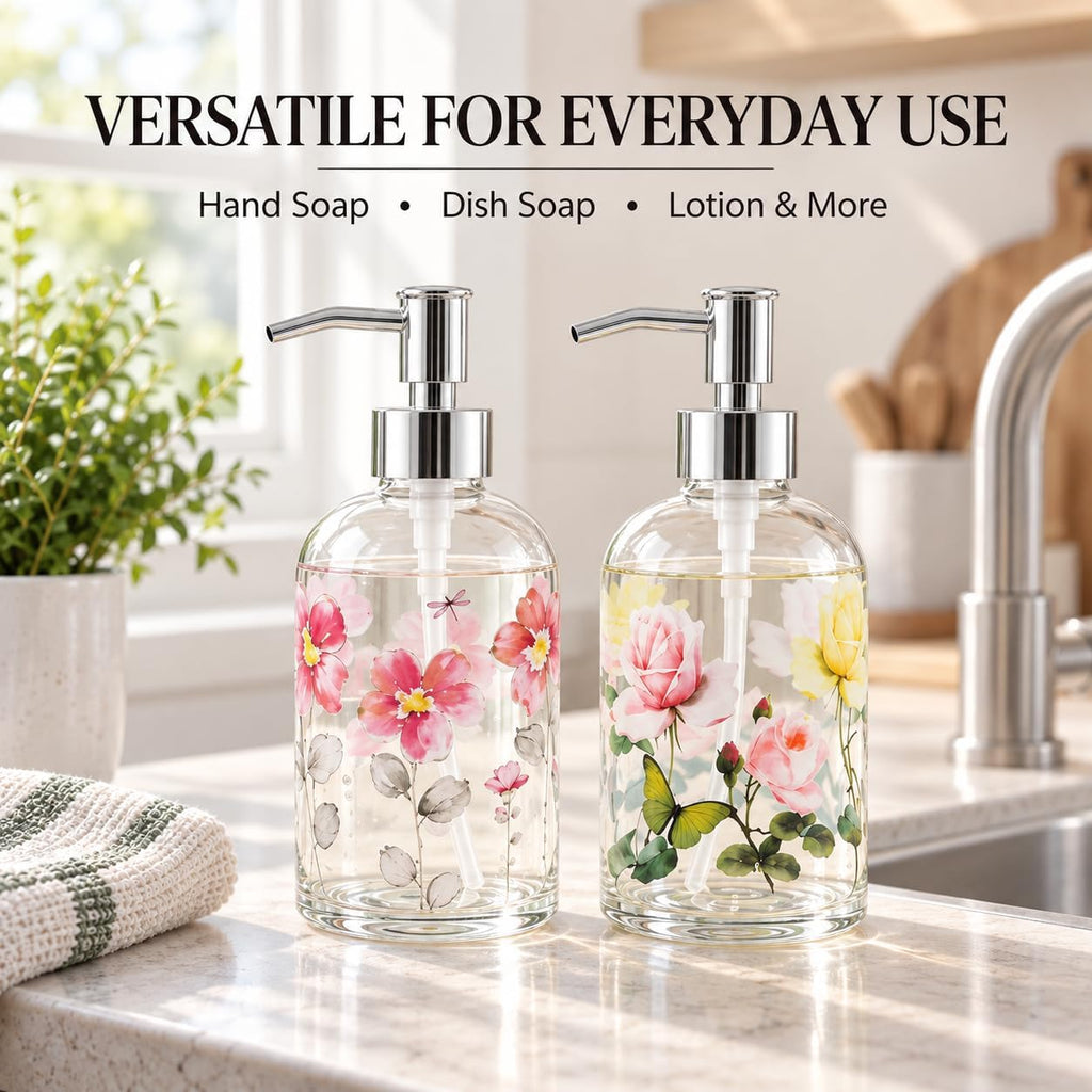 Topadorn 2 Pack 17oz Glass Soap Dispensers, Floral Refillable Pump Bottles