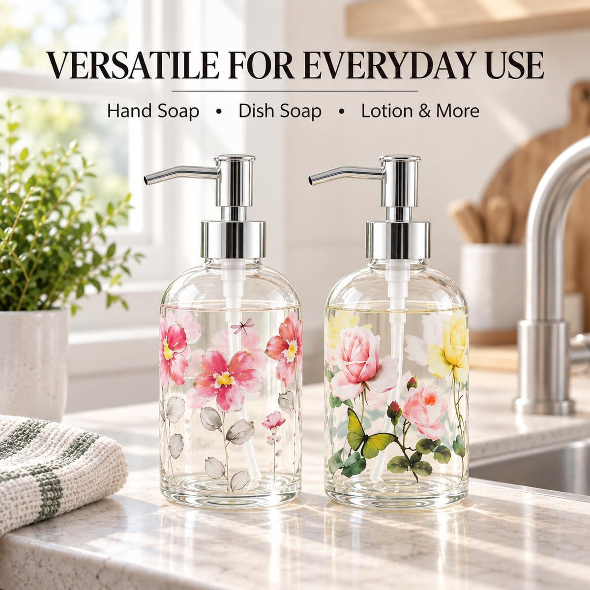 Topadorn 2 Pack 17oz Glass Soap Dispensers, Floral Refillable Pump Bottles