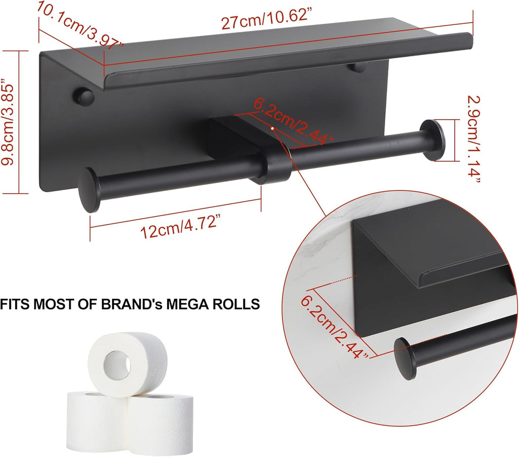 Self Adhesive Aluminum Waterproof Toilet Paper Holder with Shelf Black