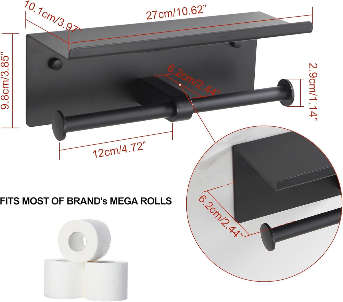 Self Adhesive Aluminum Waterproof Toilet Paper Holder with Shelf Black