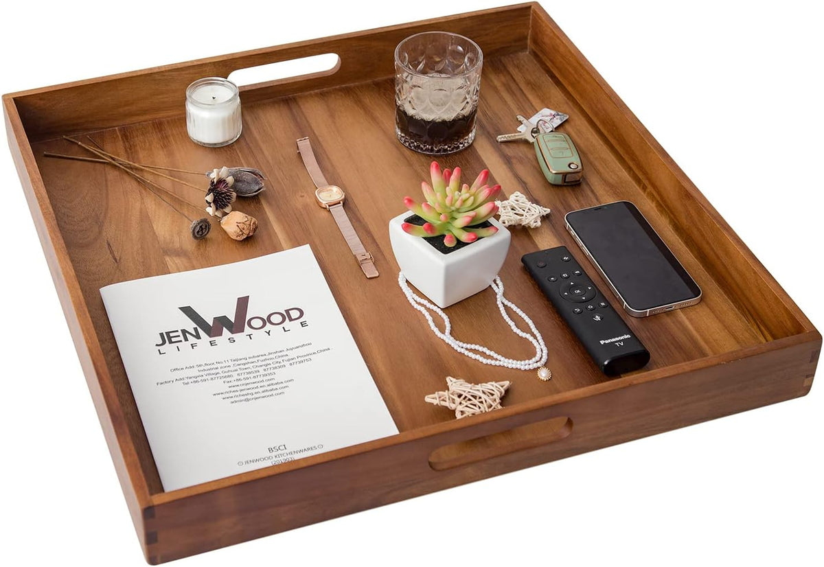 Serving Tray with Handles, 22 inch Large Square Ottoman Tray Coffee Table Tray, Wooden Trays Decorative Trays for Party, Food Serving, Breakfast, Dinner, Coffee Tea, Appetizers