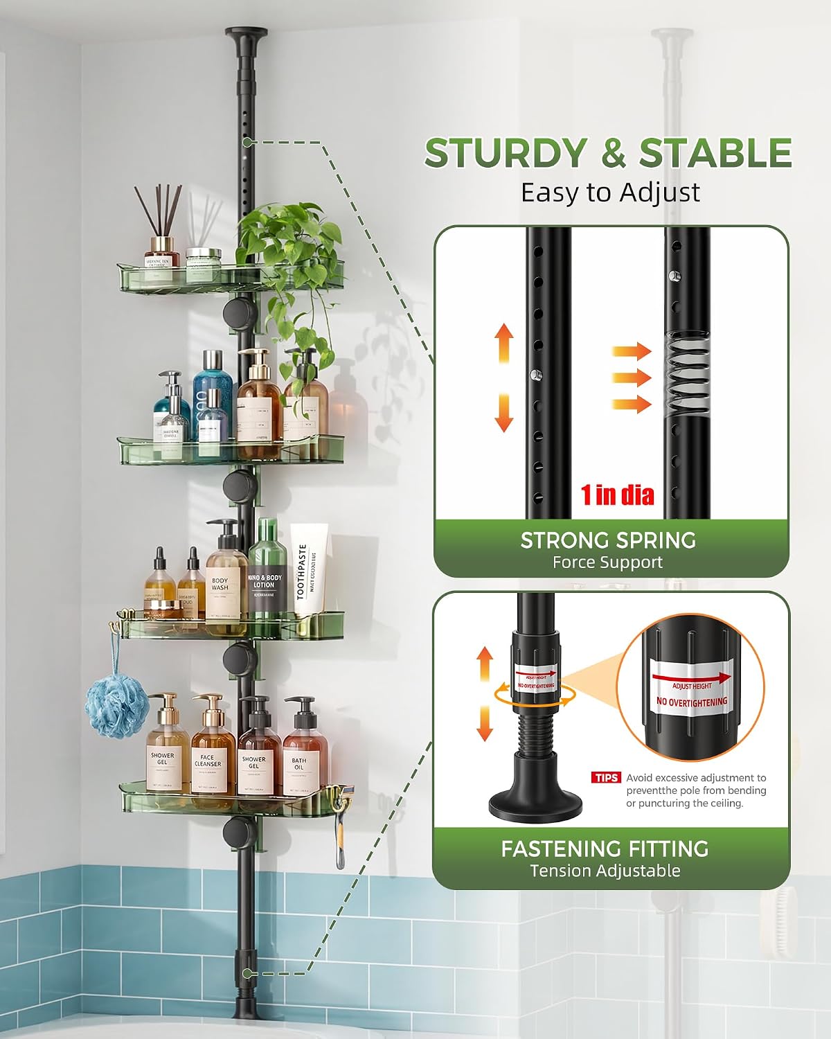 Shower Caddy Tension Pole, Bathroom Organizer Shelves, Green