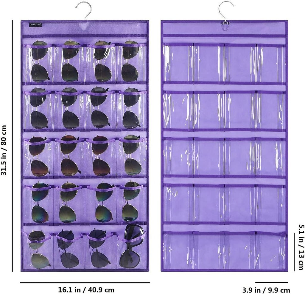 Dual Sided Hanging Sunglasses Organizer Storage Wall Mounted Eyeglasses Holder Eyewear Display Case with 40 Clear Slots (40 Pockets-Purple)