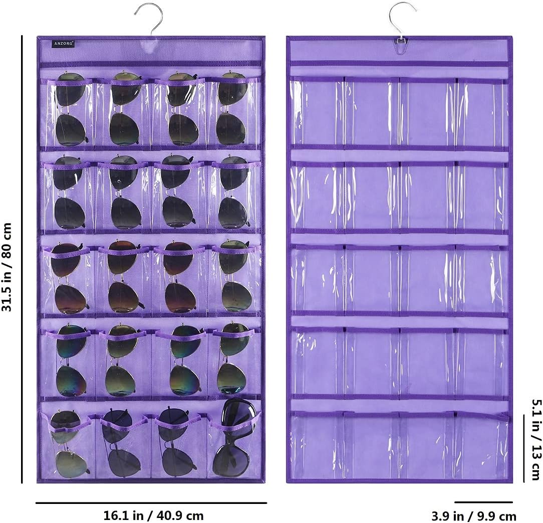 Dual Sided Hanging Sunglasses Organizer Storage Wall Mounted Eyeglasses Holder Eyewear Display Case with 40 Clear Slots (40 Pockets-Purple)