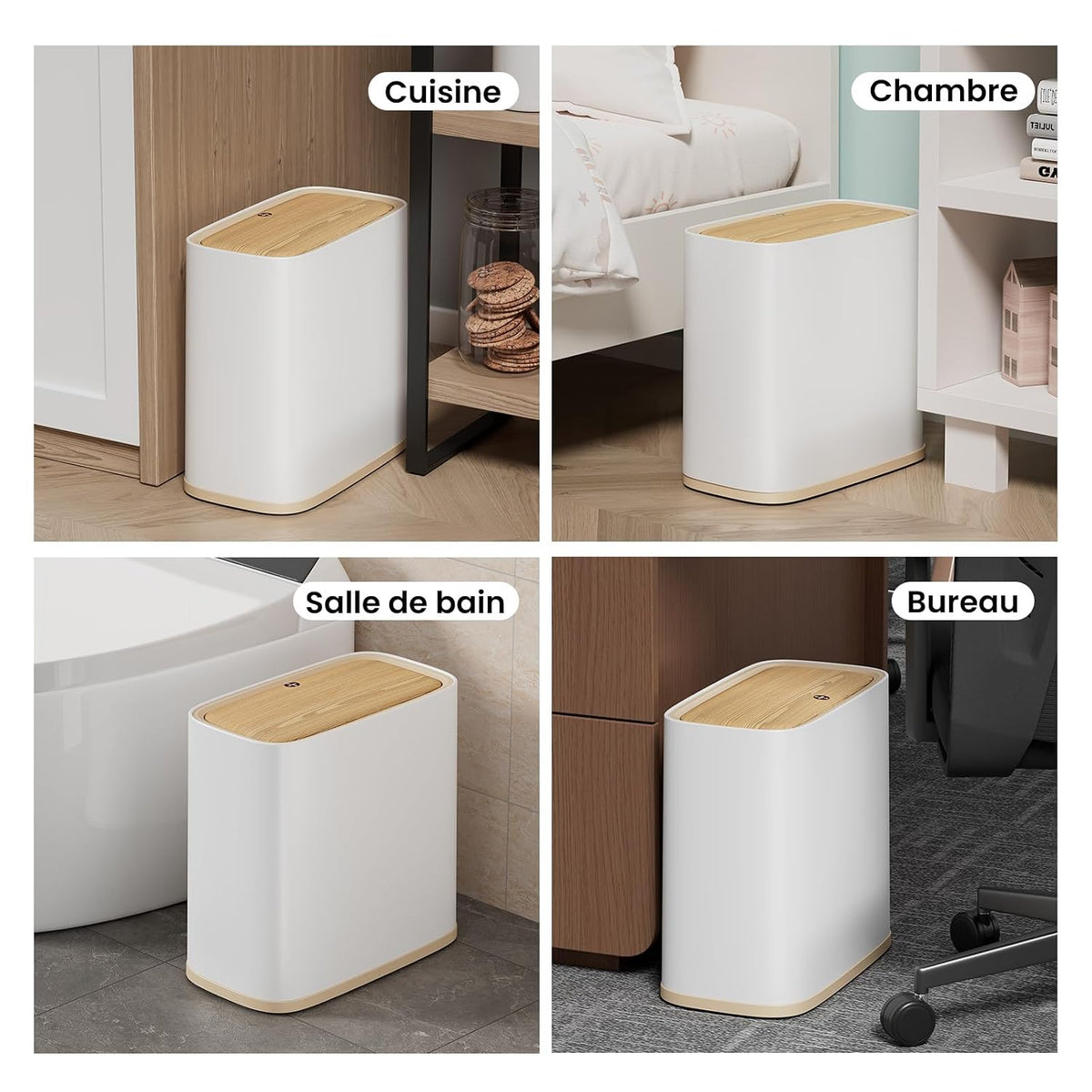 Bathroom Trash Can with Lid and Wheels, 2.6 Gal, Air Vent, Faux Wood Top
