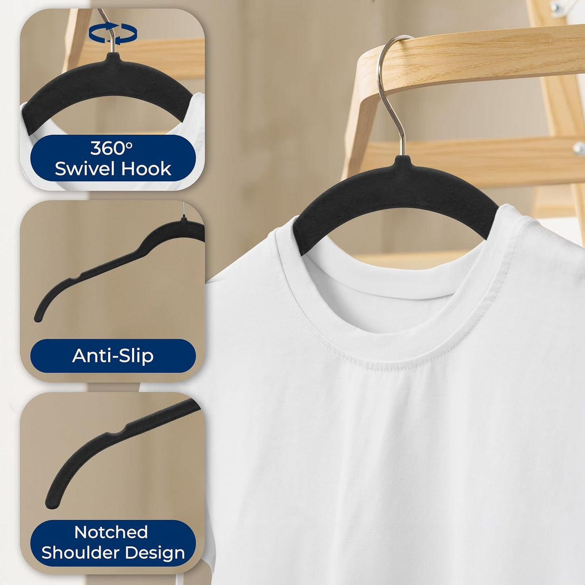SereneLife 50 Pack Velvet Clothes Hangers | Organize Shirts, Dresses & Coats with Ease | Non-Slip Velvet, Recycled ABS, 360° Swivel Hook, Lightweight 0.2-Inch Slim Profile, 8 Lbs Capacity | Black