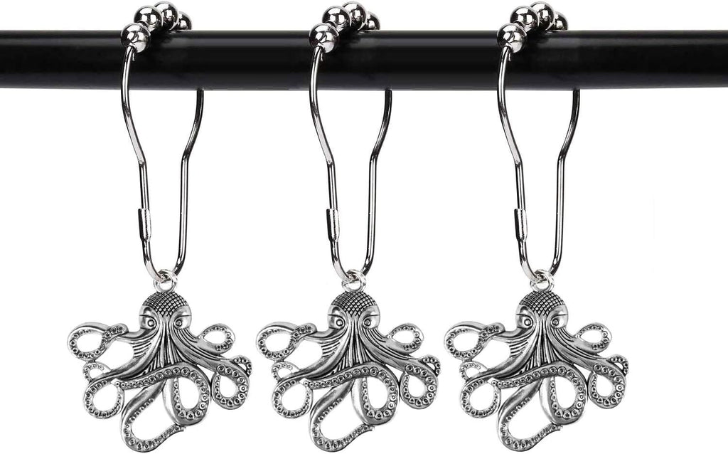Set of 12 Octopus Shower Curtain Hooks Decorative Home Bathroom Squid Sea Creature Beast Stainless Steel Rustproof Brushed Nickel Rings with Octopus Decorative Accessories (Silver)