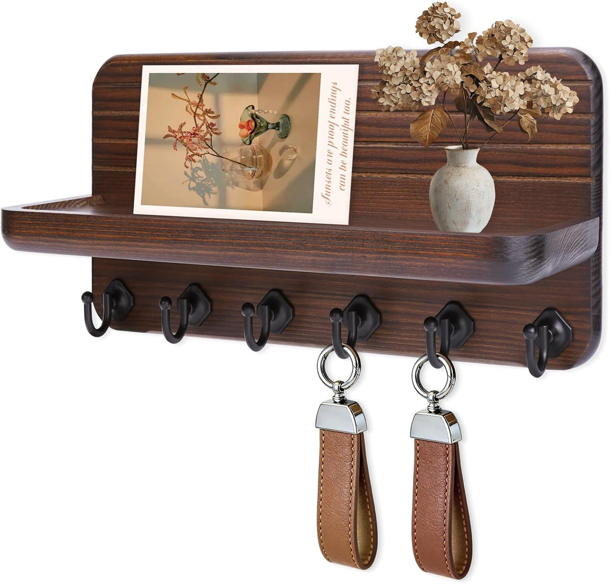 Key Holder for Wall, Mail Organizer Wall Mount with 6 Hooks Wooden Hanging Key Rack for Home Decor, Hallway, Entryway (Brown)