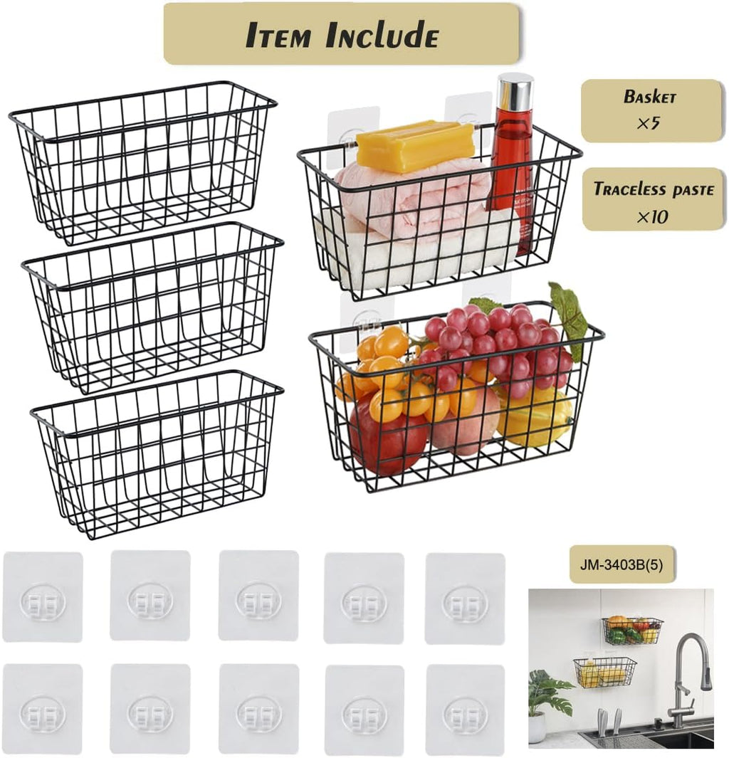 JUNCHU CHERRY 5 Pack Hanging Storage Basket, Bathroom Basket, Household Goods, with Traceless Tape, no Drilling, for Cabinet Storage, Kitchen, Bathroom, Storage Room,Black