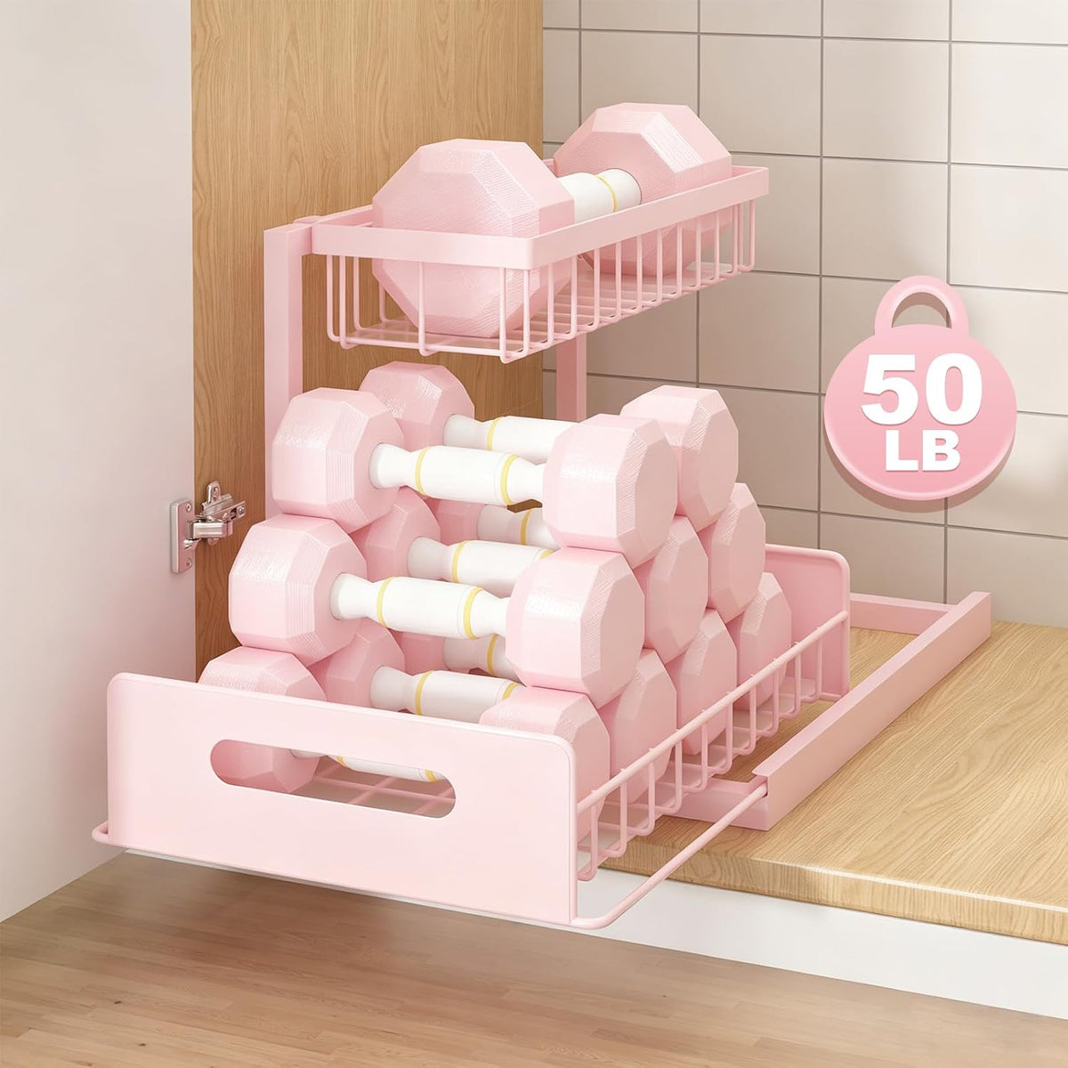 REALINN Pink Countertop Organizer, 2 Tier Vanity Shelf with Sliding Drawer