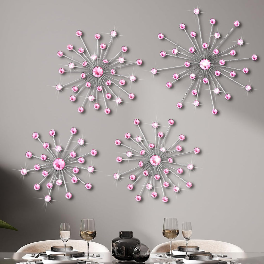 Funnymoom 4 Pcs Pink Starburst Wall Decor Metal Crystal Wall Art Rhinestone