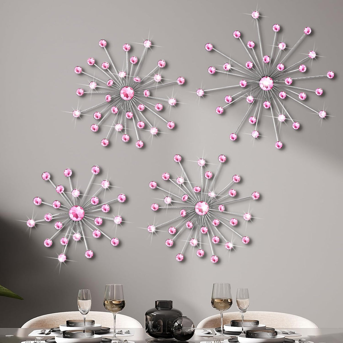 Funnymoom 4 Pcs Pink Starburst Wall Decor Metal Crystal Wall Art Rhinestone