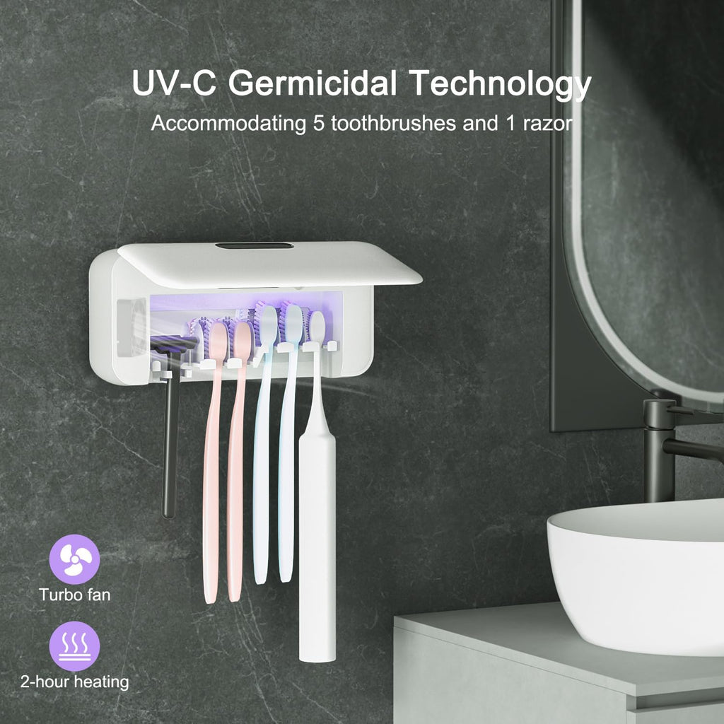 UV Toothbrush Sanitizer and Holder for Bathroom, 5 Toothbrush Slots for Family with Fan and PTC Heat Drying, Type-C Charging, No-Drill Wall Mount