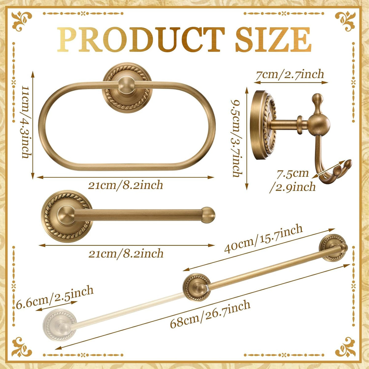 4 Pcs Antique Brass Gold Bathroom Accessories Set Wall-Mounted Towel Rack & Towel Ring & Toilet Paper Holder & Robe Hook, Wall Mounted Brass Vintage Bath Hardware Fixture Set(Style 1)