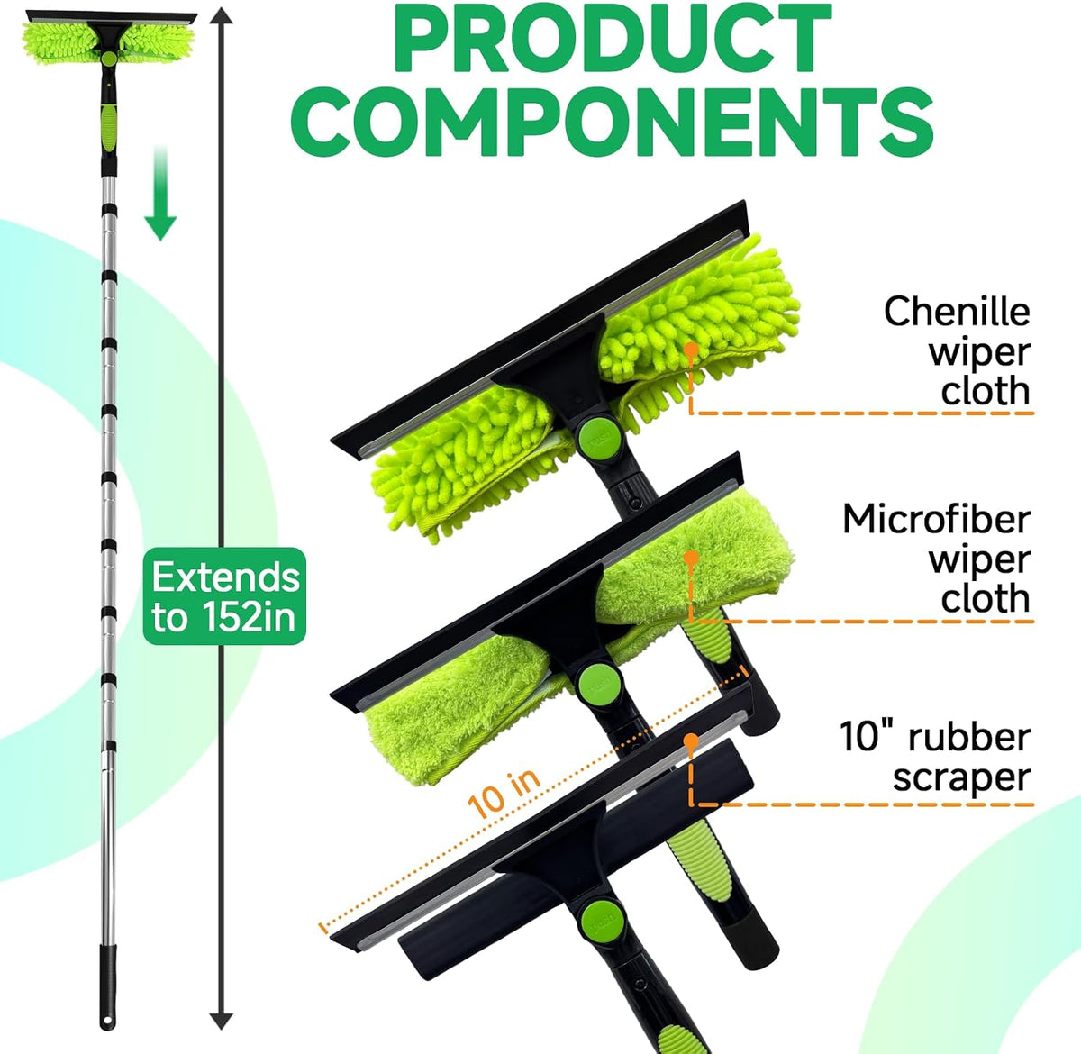 2 in 1 Window Squeegee Cleaner Kit Extension Pole, 152 in, Green