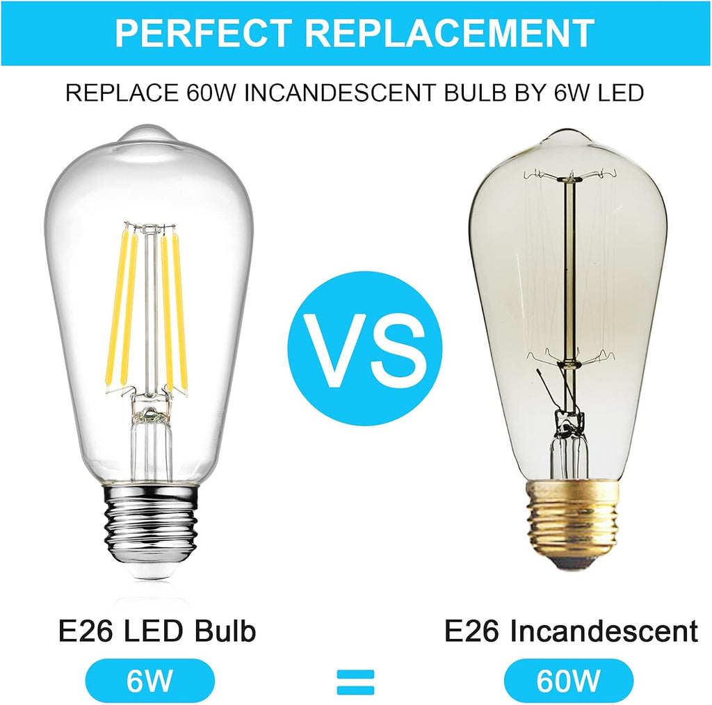 Ascher LED Edison Bulbs 6W, Equivalent 60W, High Brightness Cool White 4000K, 700 Lumens, ST58 Vintage LED Filament Bulbs with 80+ CRI, E26 Base, Non-Dimmable, Clear Glass, 4 Packs