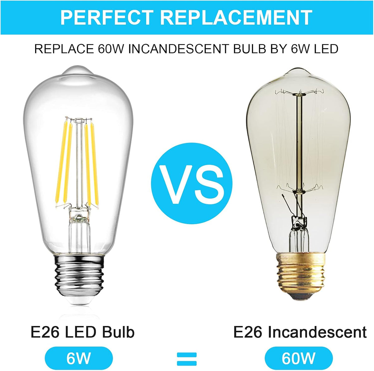Ascher LED Edison Bulbs 6W, Equivalent 60W, High Brightness Cool White 4000K, 700 Lumens, ST58 Vintage LED Filament Bulbs with 80+ CRI, E26 Base, Non-Dimmable, Clear Glass, 4 Packs